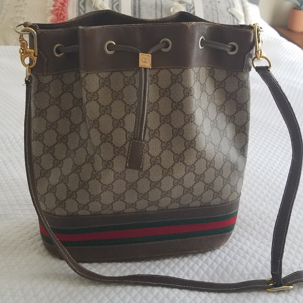 VINTAGE GUCCI OPHIDIA BROWN LEATHER BUCKET BAG